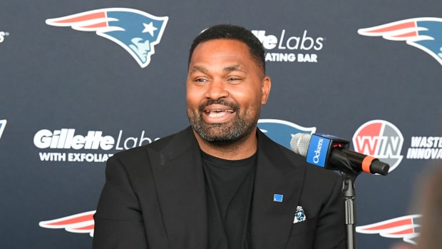 Jan 17, 2024; Foxborough, MA, USA; New England Patriots head coach Jerod Mayo addresses media at a press conference announcing his hiring as the team's head coach at a press conference at Gillette Stadium.